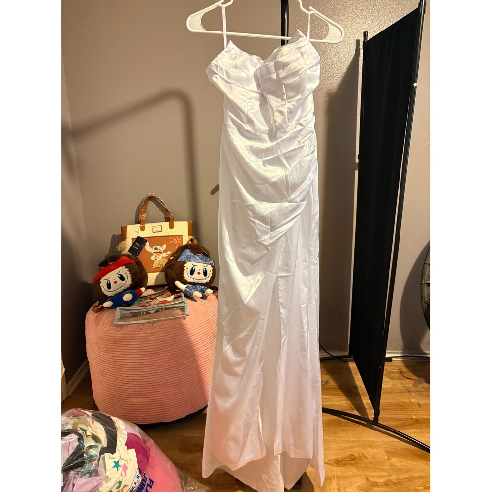 White Satin Occassion Dress, High Slit on Side, Built In Bra - Sz 4